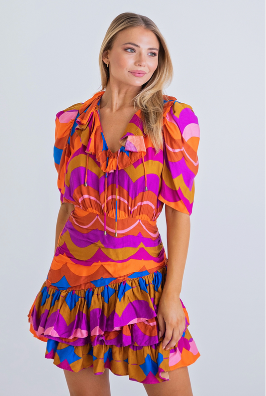 Multi 70-s Groovy Ruffle Dress