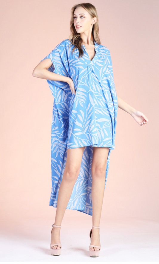 Lanai Leaf Double Notched High Low Caftan Dress - Blue