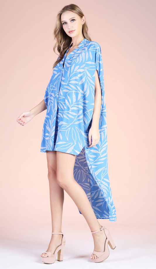 Lanai Leaf Double Notched High Low Caftan Dress - Blue