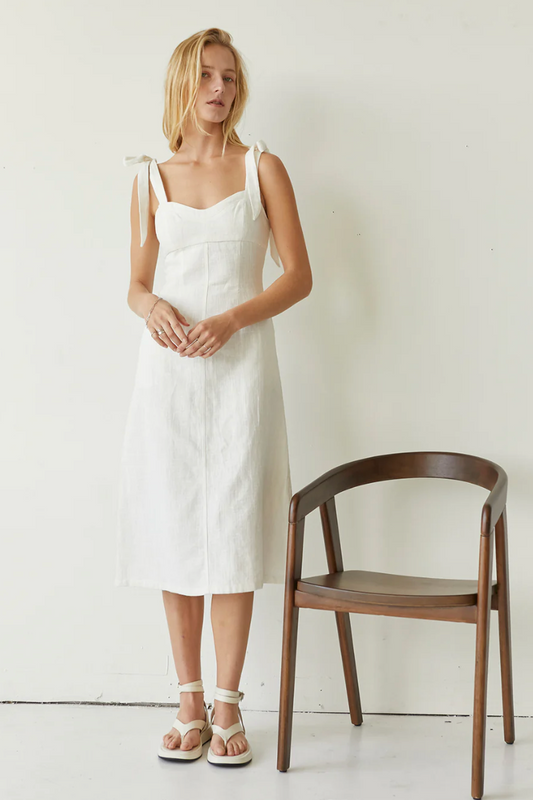 Isabella Linen Babydoll Midi Dress - White