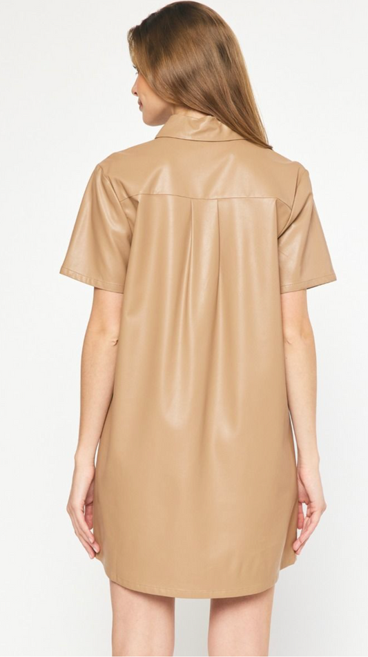 Faux Leather Button Down Shirt Dress - Camel