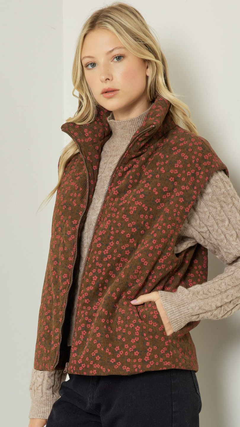 Cute Corduroy Puffer Vest - Brown