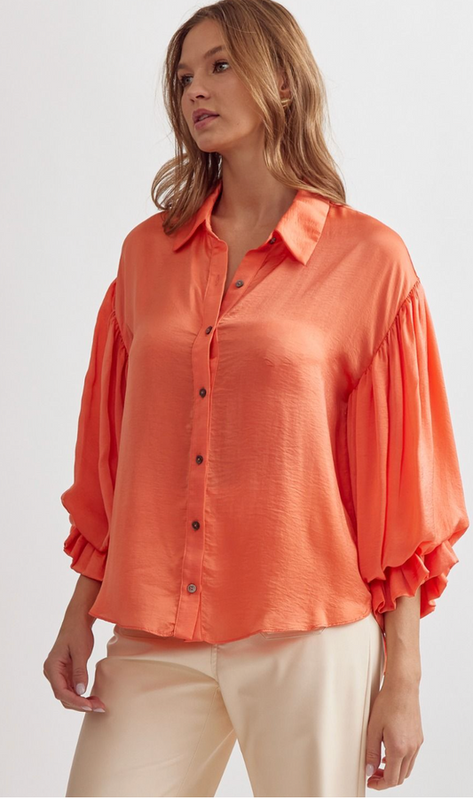 Tangerine Bubble Sleeve Button Top