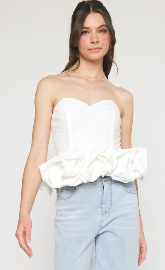 Off White Strapless Ruffle Bottom Top