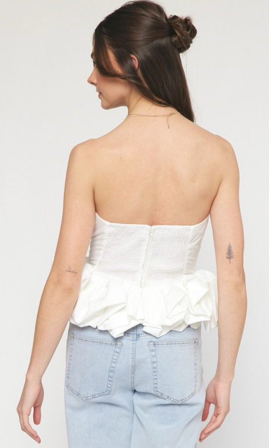 Off White Strapless Ruffle Bottom Top