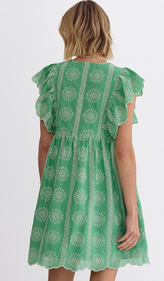 Apple Green Ruffle Sleeve Eyelet Dress