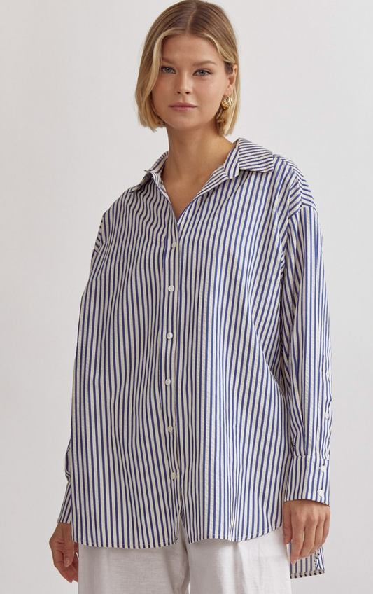 Blue Stripe LS Button Top