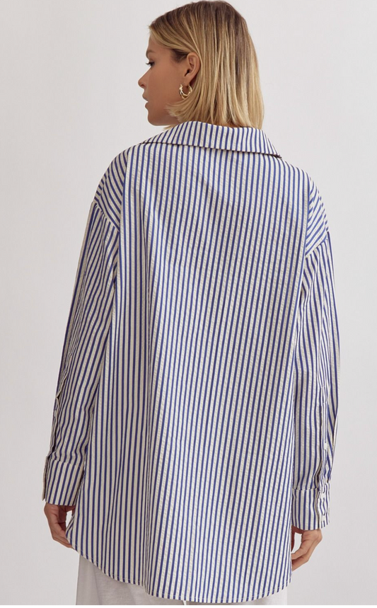 Blue Stripe LS Button Top