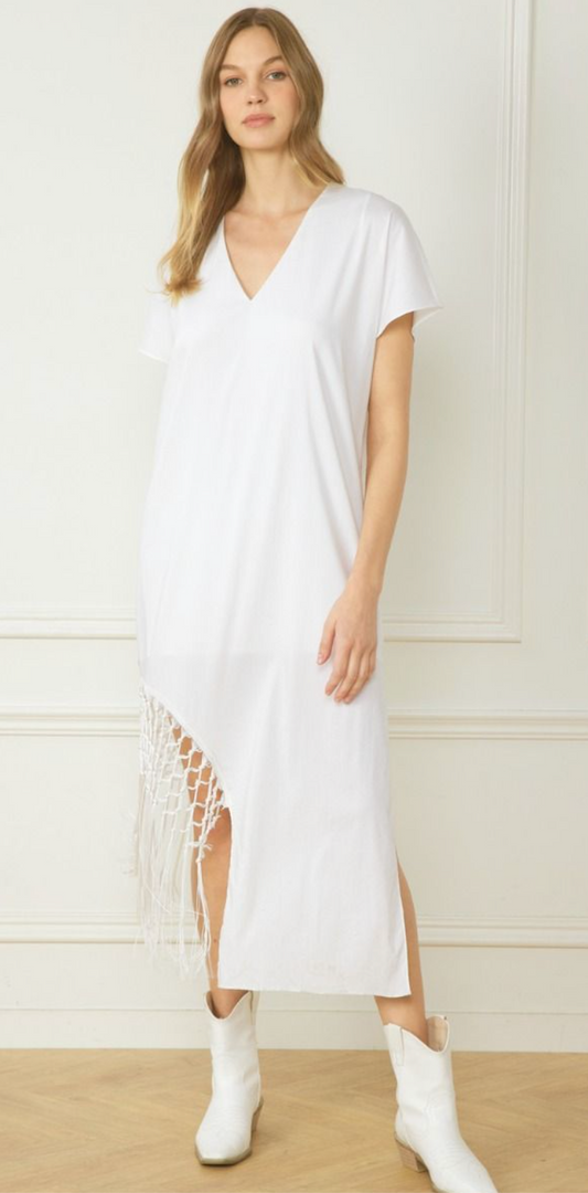 White Bottom Side Tassel Detail Dress