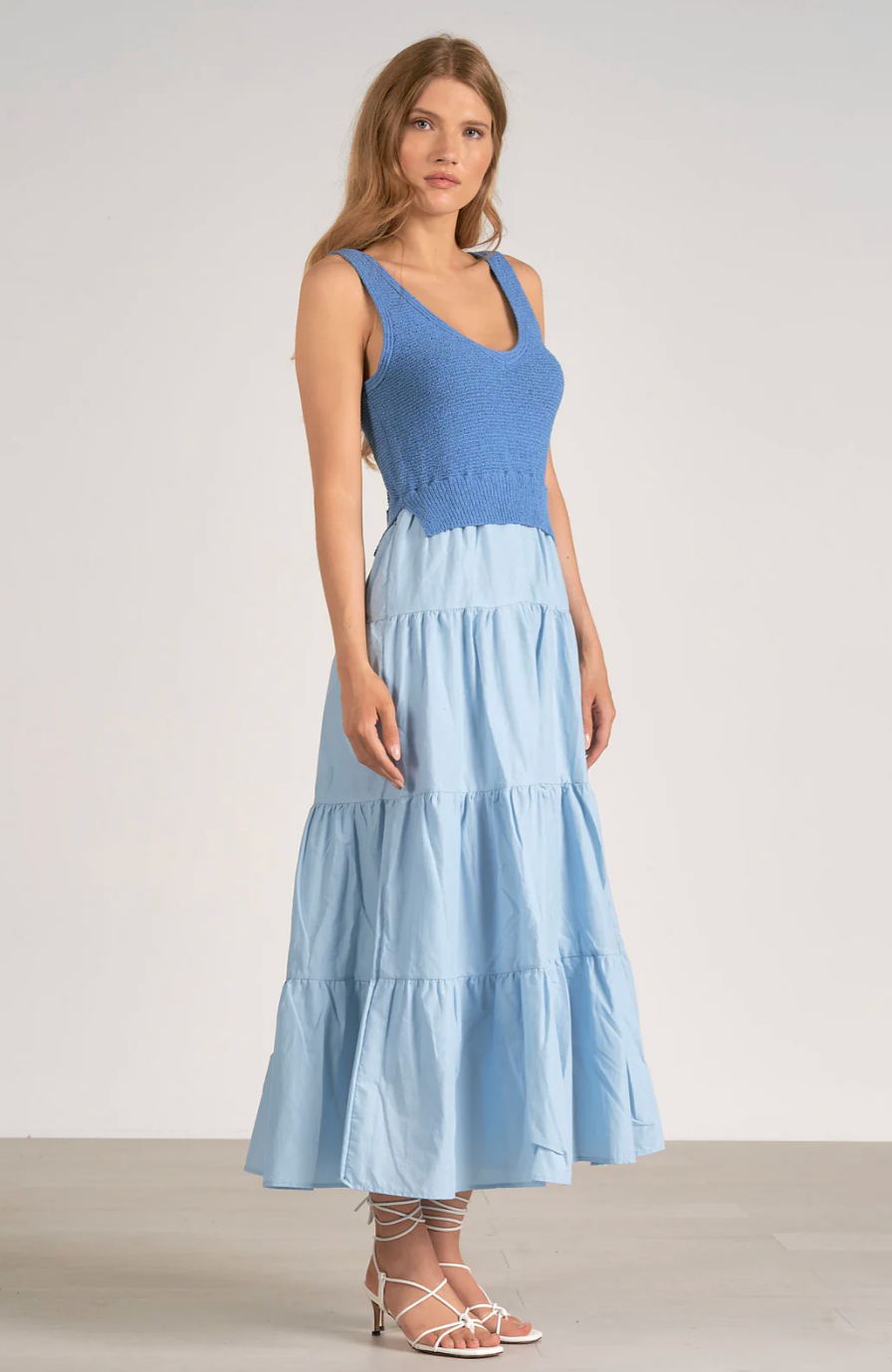 LT Blue Mixed Media Tiered Dress