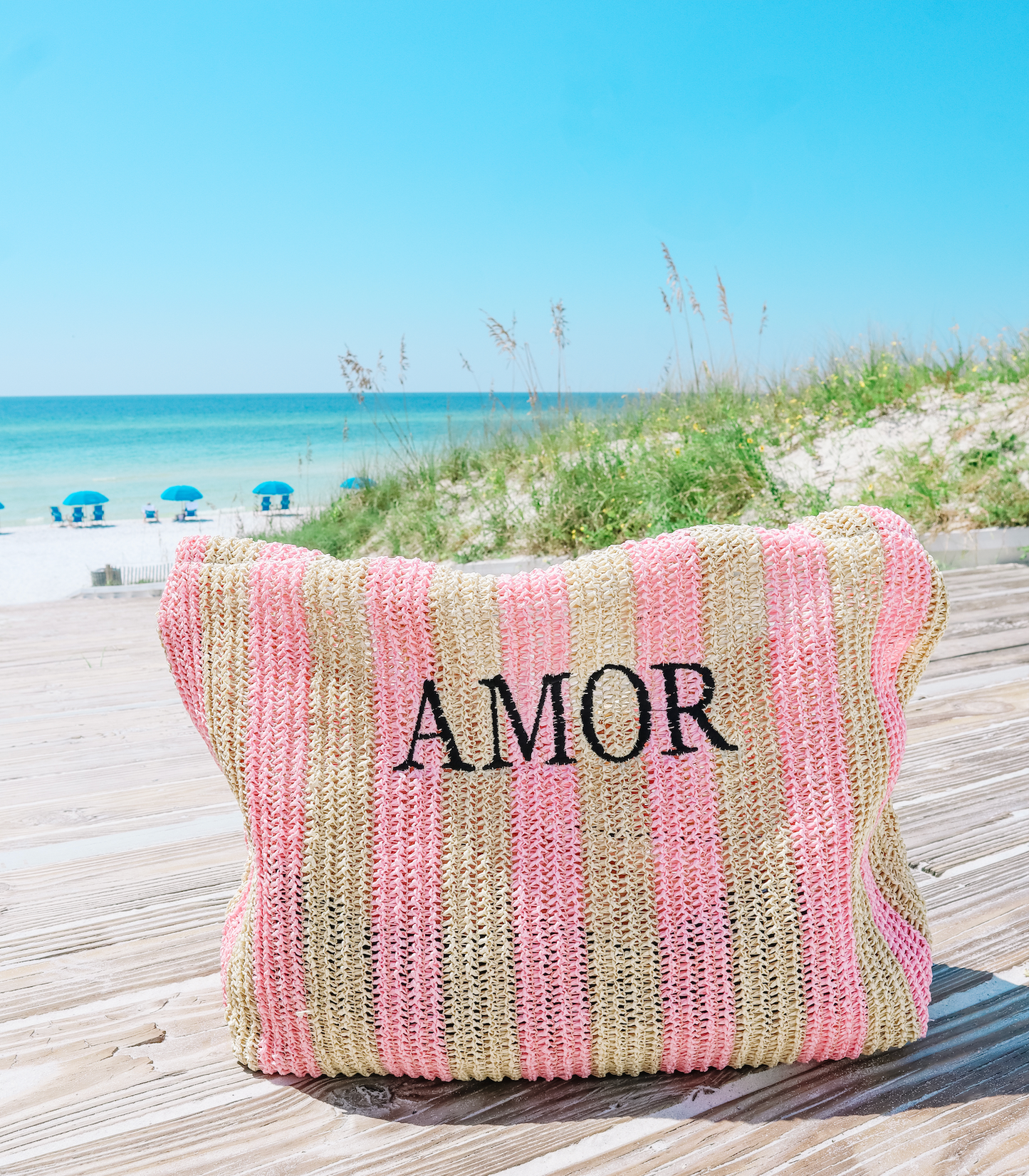 Amor Crotchet Tote - Pink Stripe