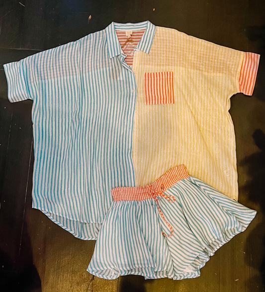 Blue/Yellow Stripe Button Top