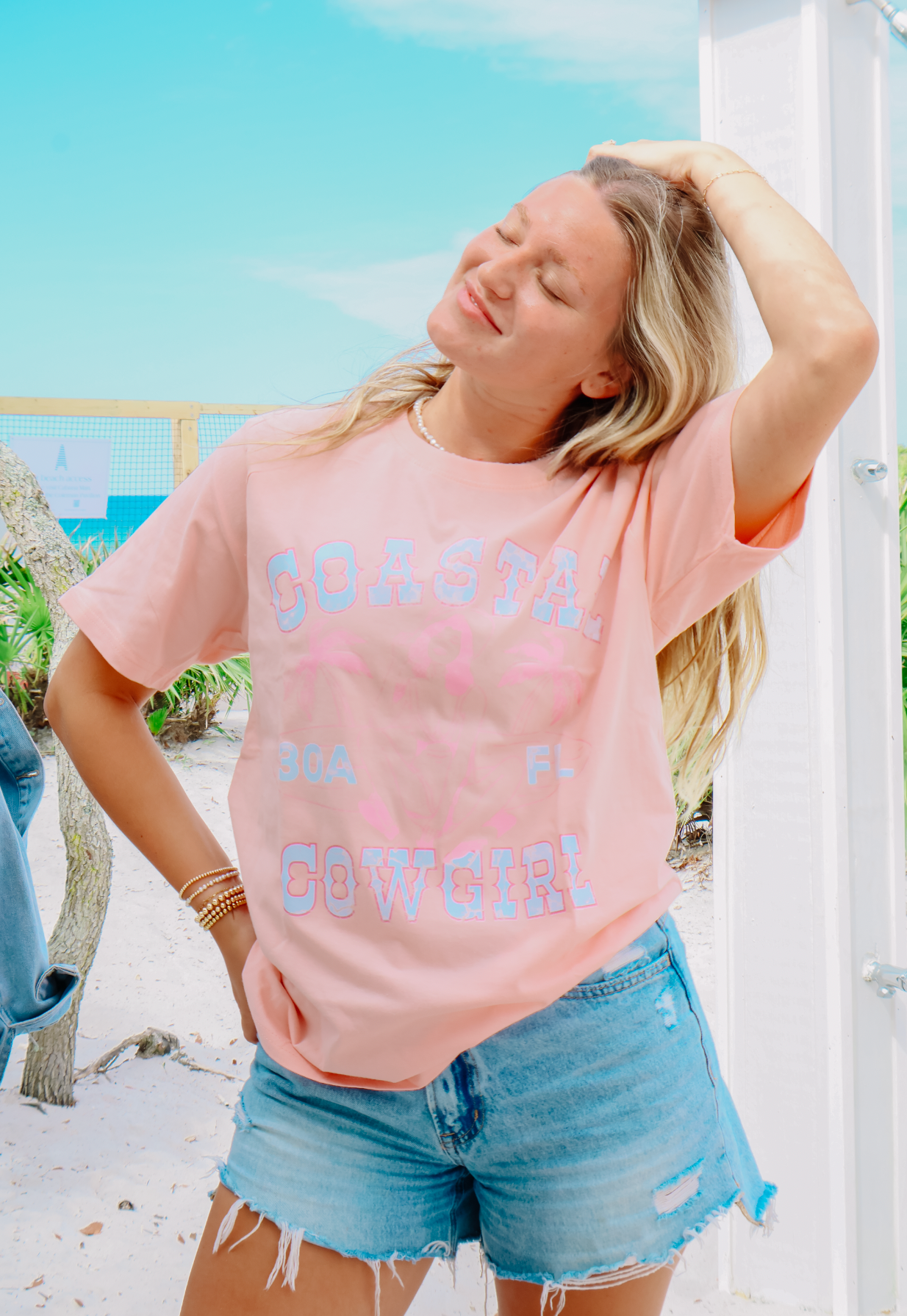 Pastel Retro Coastal Cowgirl Tee - Pink