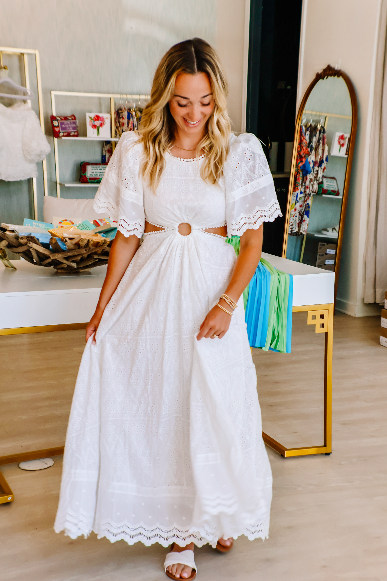 White Eyelet Lace Cut Out Puff Sleeve Dress