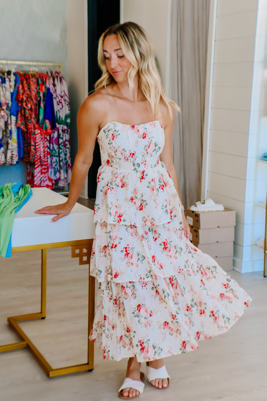 Rumi Floral Eyelet Corset Tiered Midi Dress