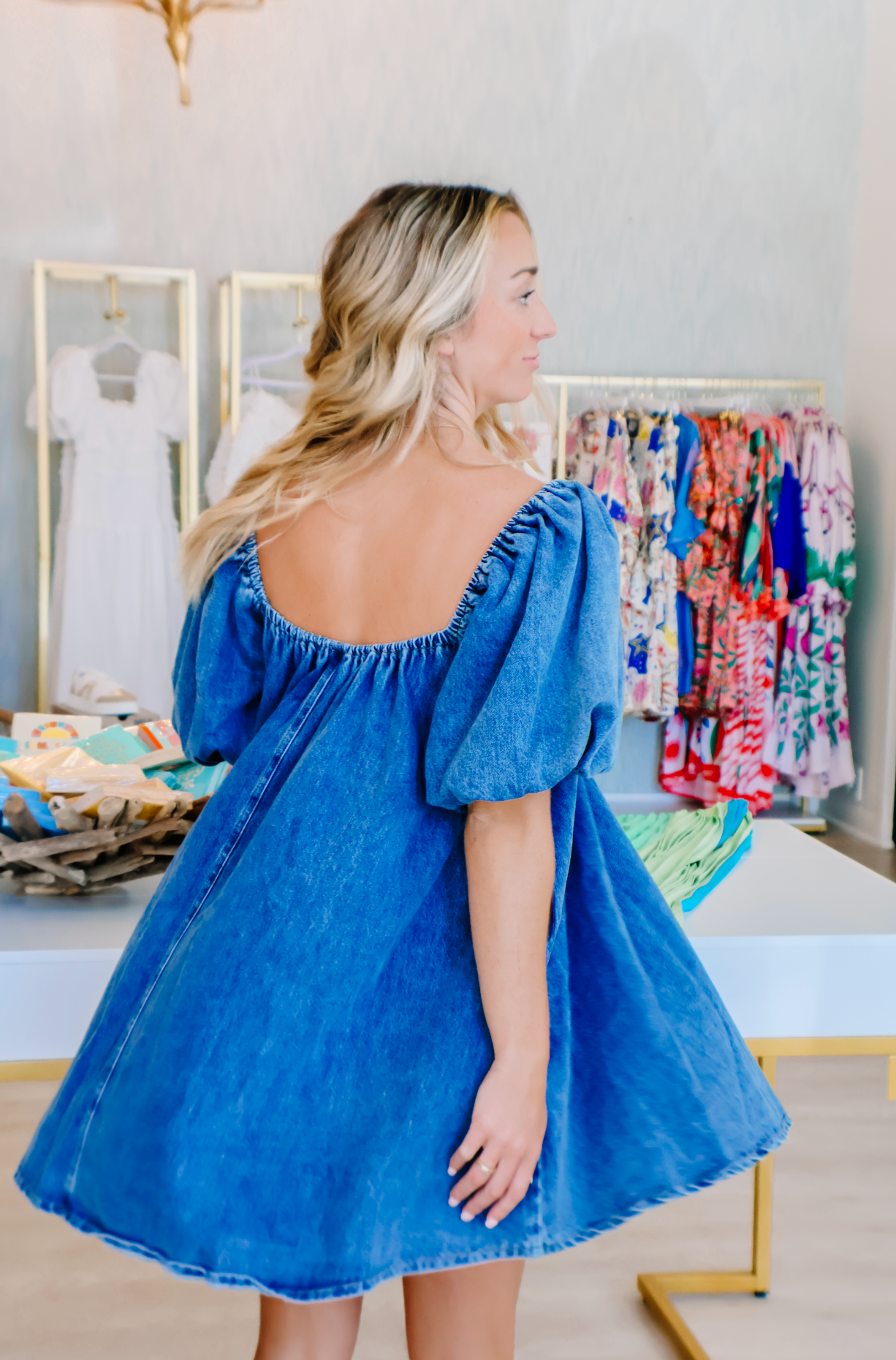 Jennie Mini Denim Babydoll Dress – Wood + Wave
