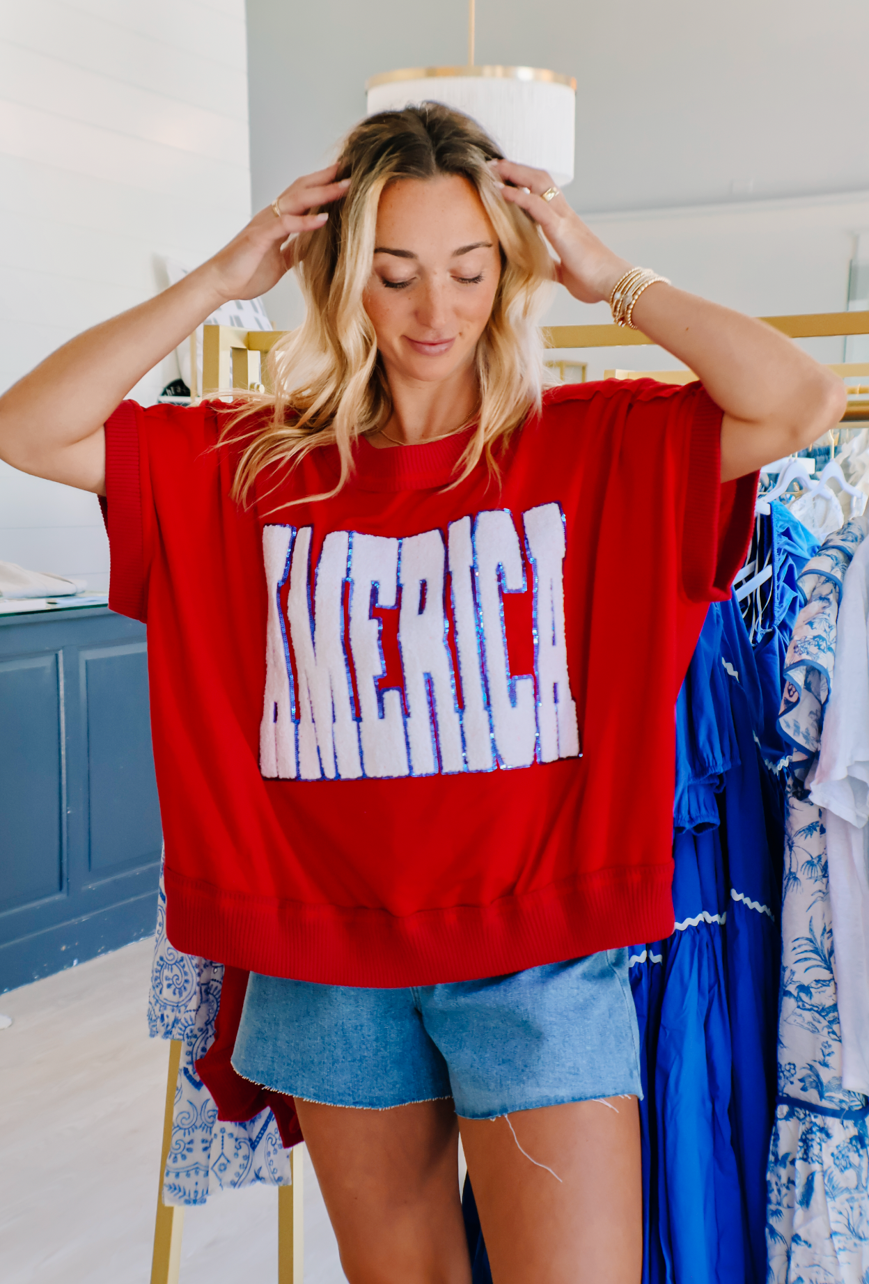 Short Sleeve America Sweatshirt Top - Red