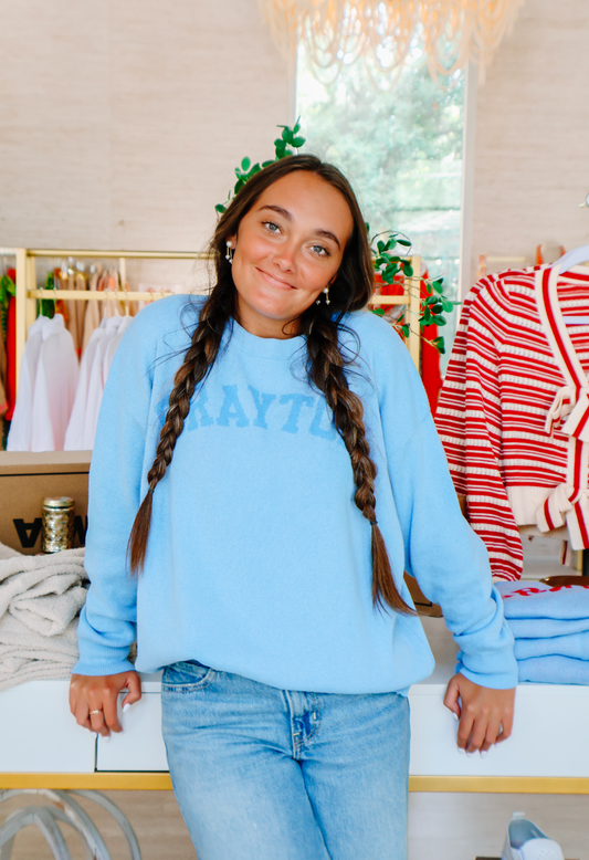 Grayton Crew Neck Sweater (LT Blue w/Hydrangea Letters)