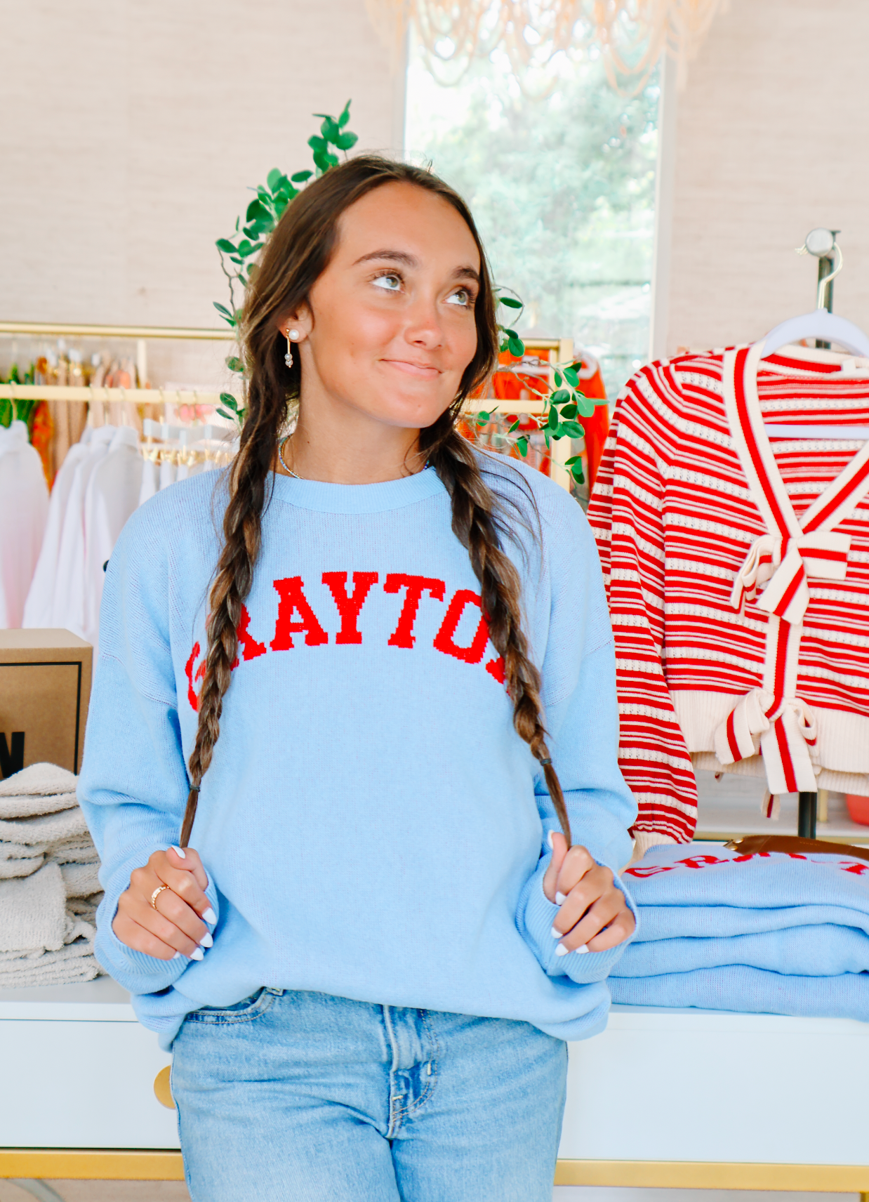 Grayton Crew Neck Sweater (LT Blue w/Red Letters)