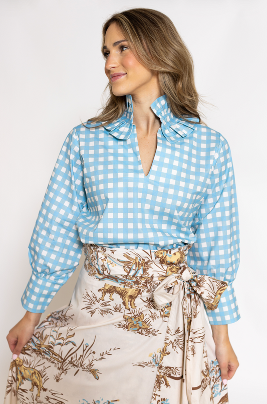 House of MBR Blue Gingham Harper Estate Top