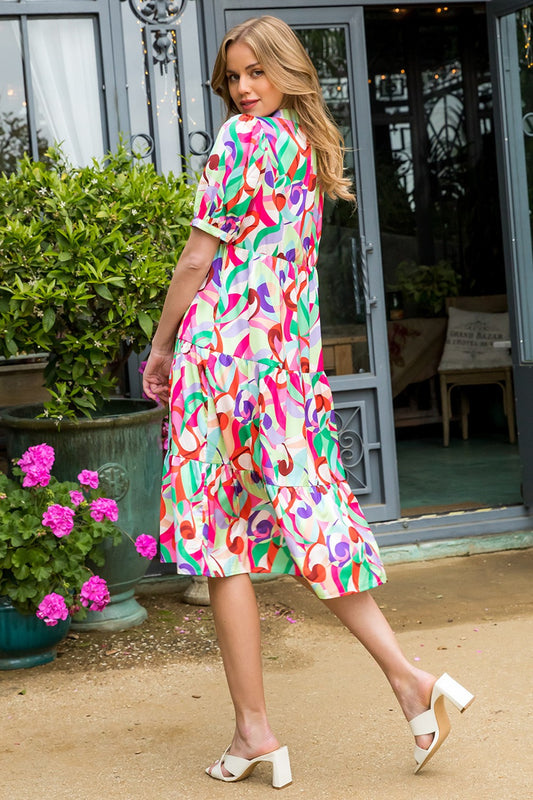 Collared Tiered Abstract Midi Dress