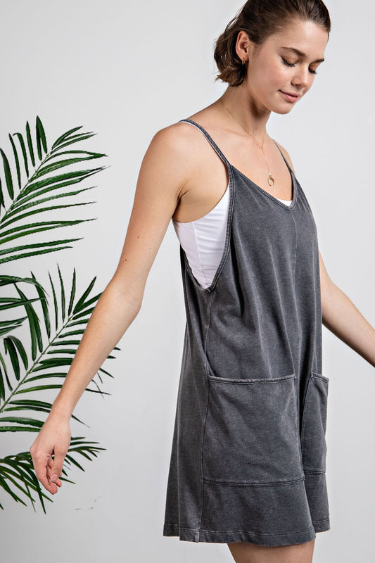 Acid Wash Cotton Lycra Romper - Black