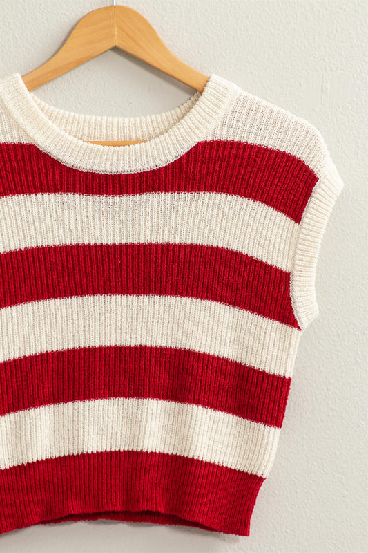 Red/Cream Stripe Sleeveless Sweater Top