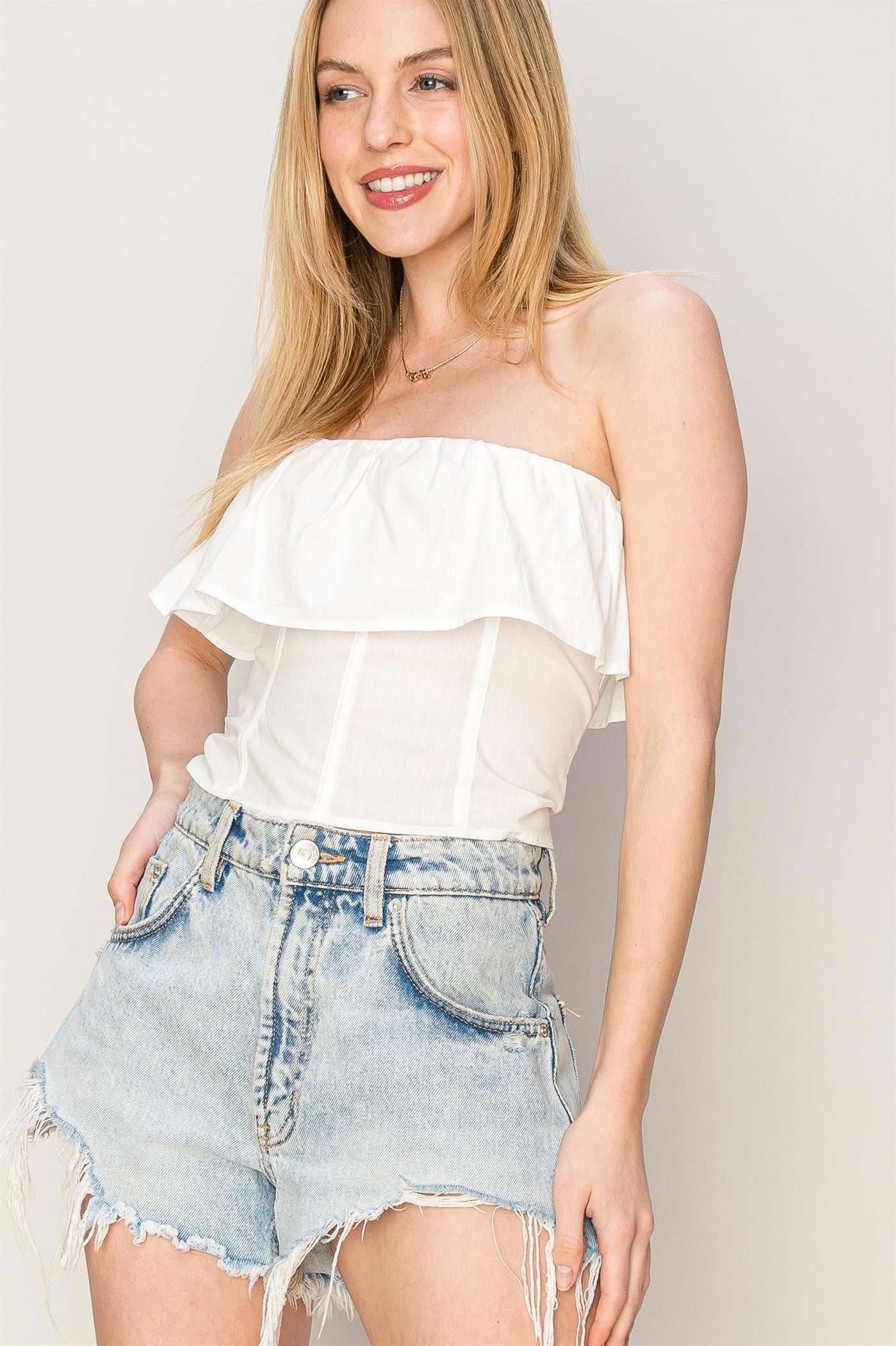 Ruffle Strapless Top (White)