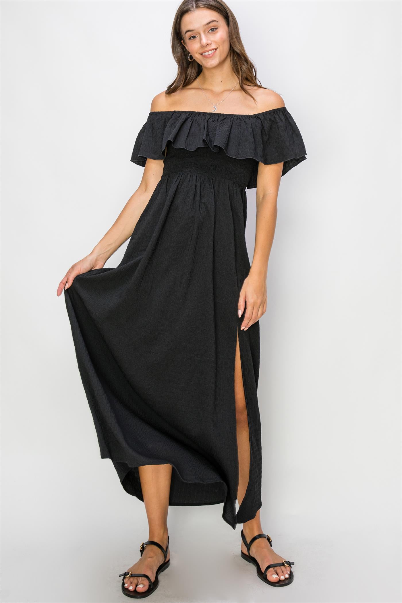 Black Ruffle Tiered Off Shoulder Dress