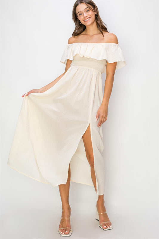 Cream Ruffle Tiered Off Shoulder Dress