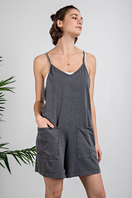 Acid Wash Cotton Lycra Romper - Black