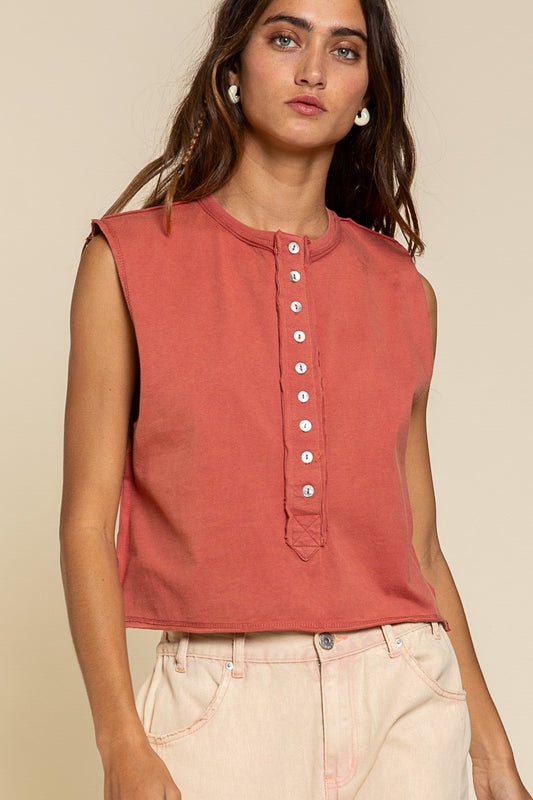 Rose Wood Sleeveless Button Top