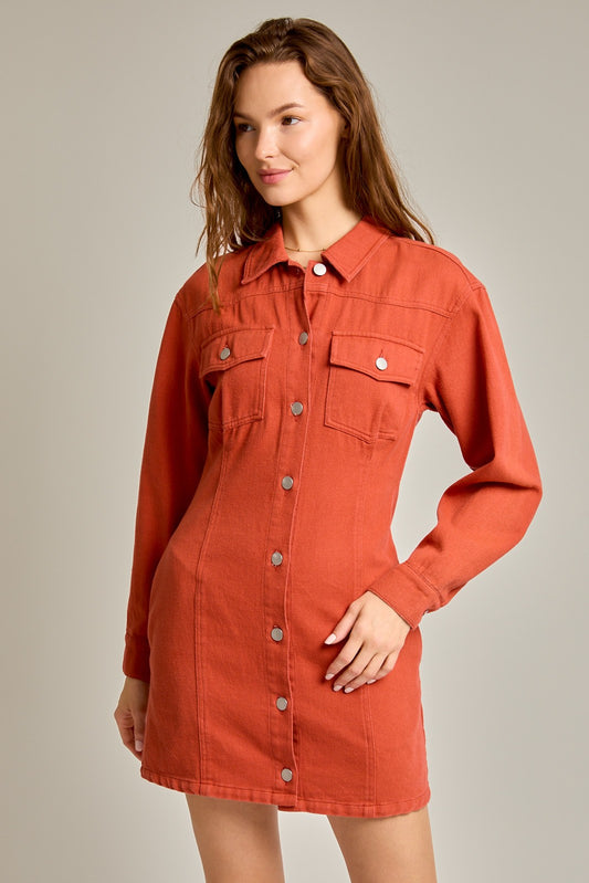 Long Sleeve Button Dress - Rust