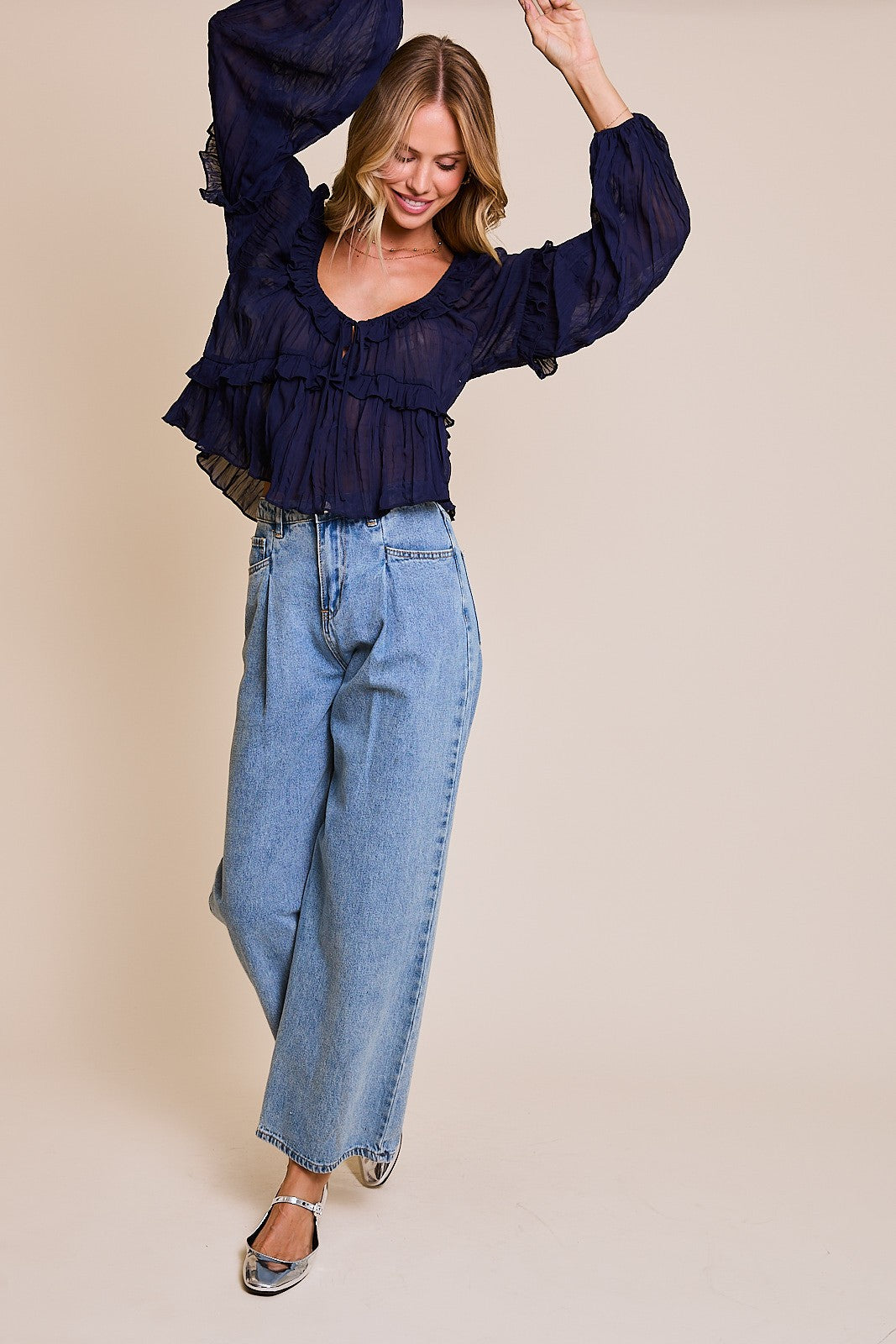 Scoop Neck Ruffle Blouse - Navy