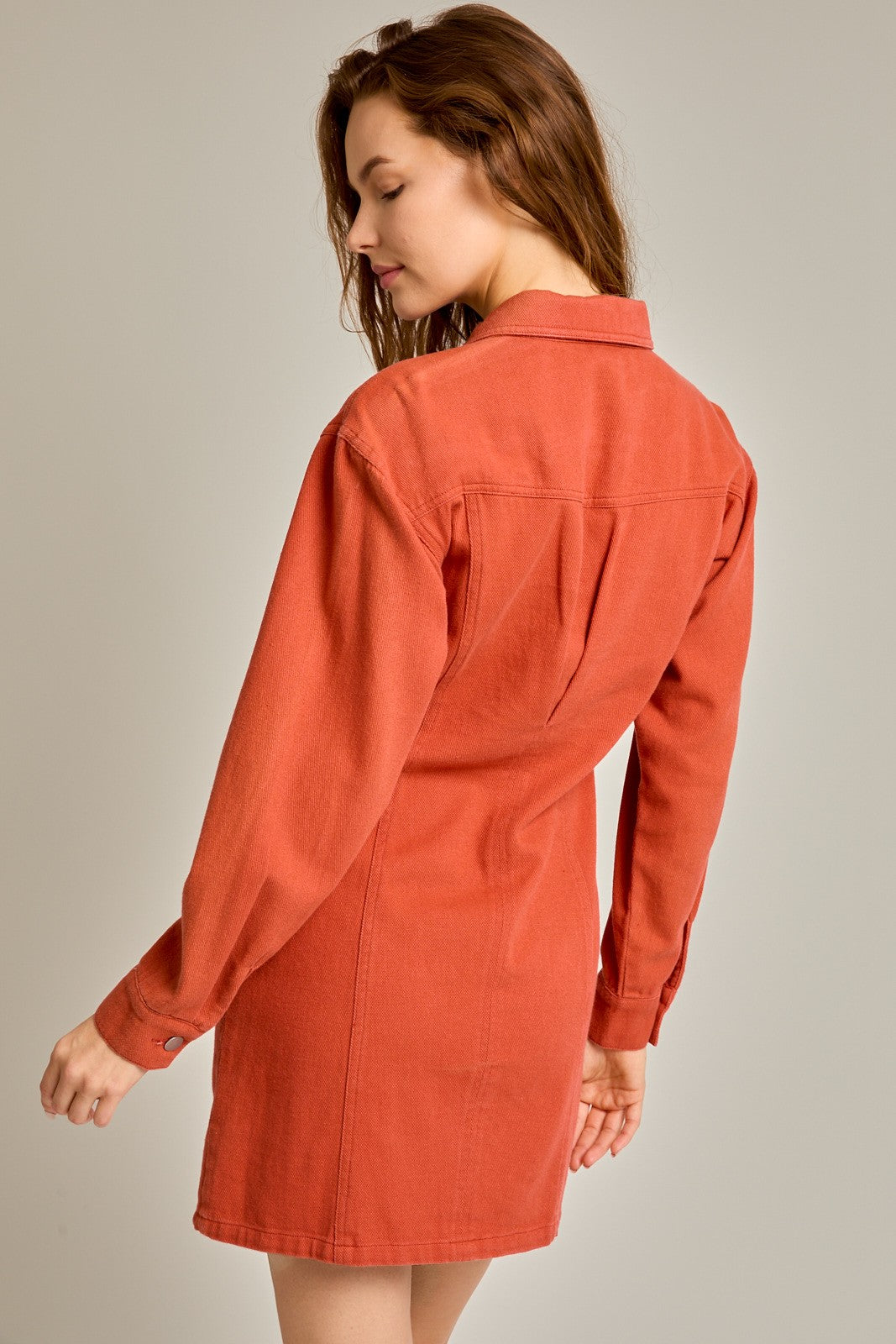 Long Sleeve Button Dress - Rust