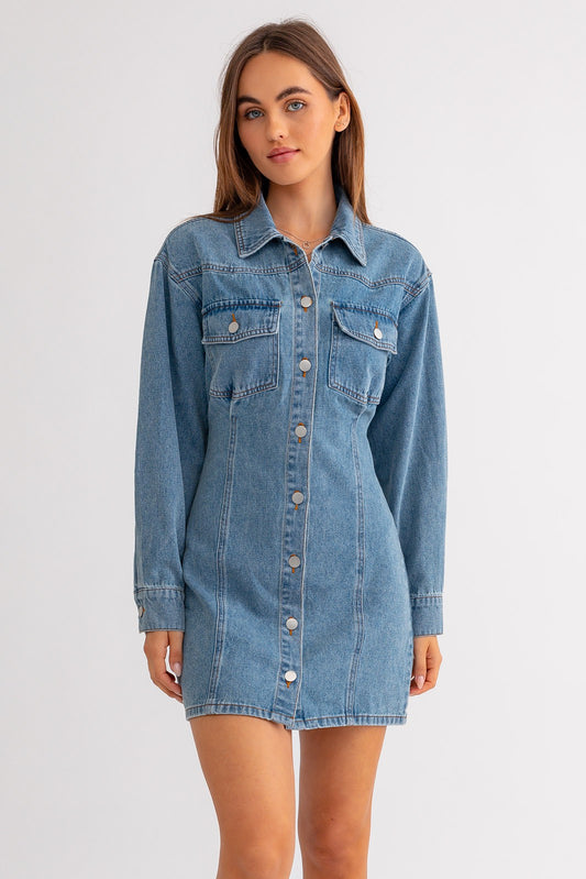 Long Sleeve Button Utility Dress - Denim