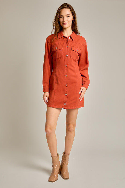 Long Sleeve Button Dress - Rust