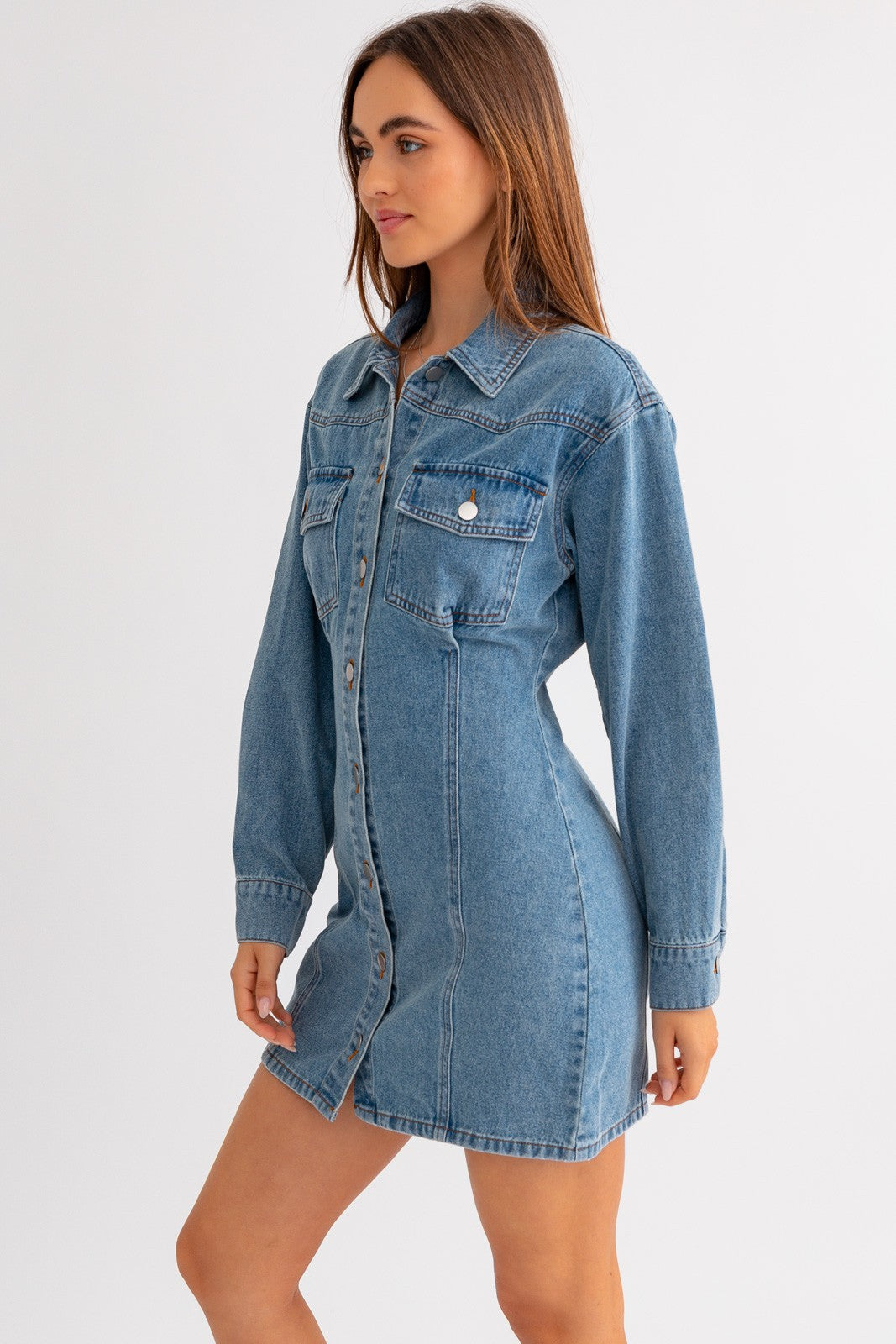 Long Sleeve Button Utility Dress - Denim