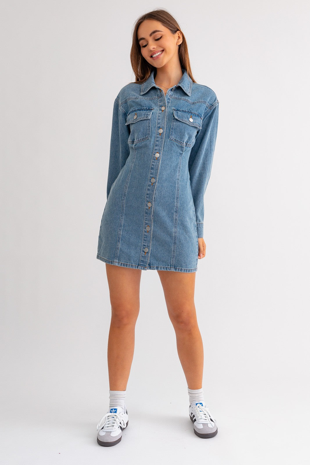 Long Sleeve Button Utility Dress - Denim