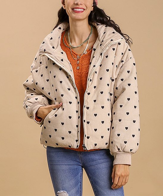 Cute Corduroy Puff Jacket With Heart Print - Oatmeal