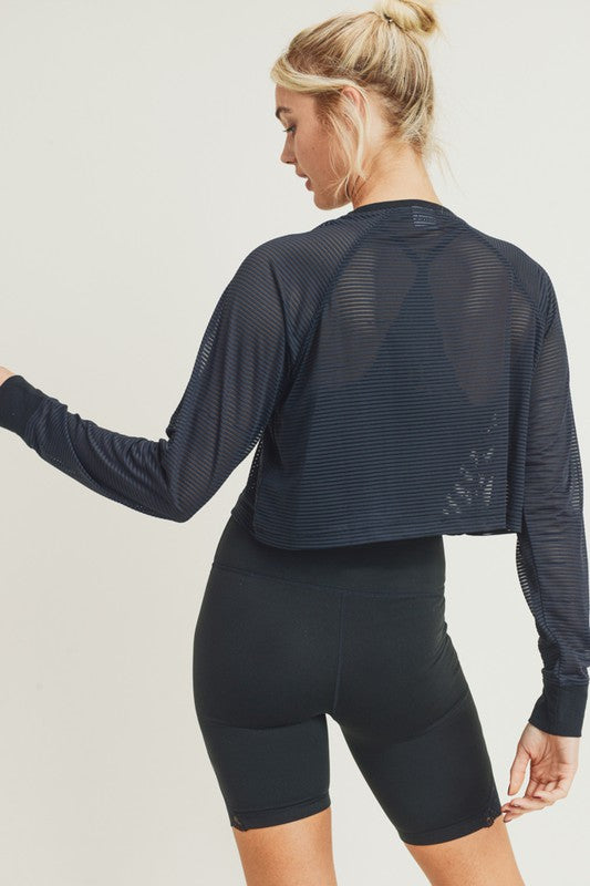 Striped Mesh Cropped Top - Black