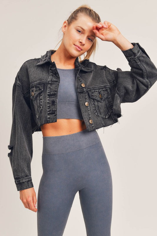 Distressed Crop Jacket - Black