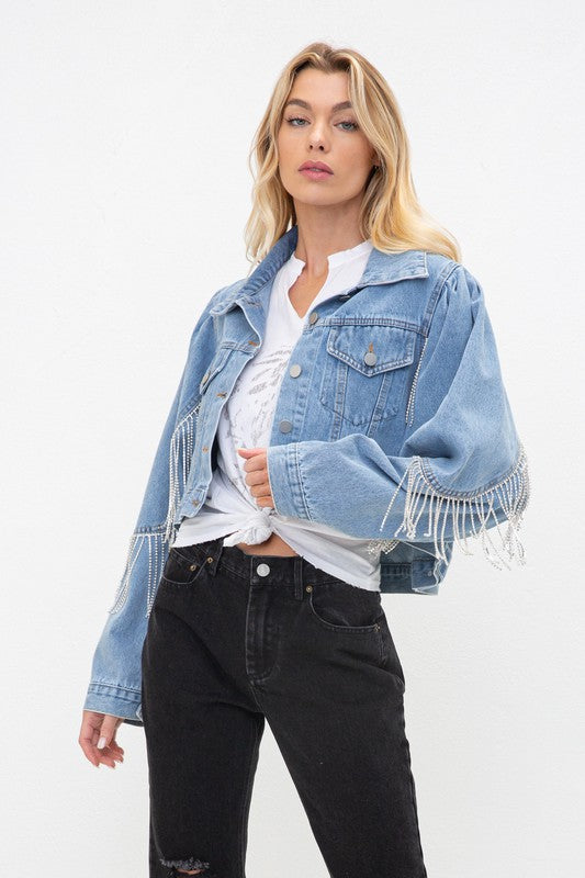 Denim Rhinestone Cropped Jacket