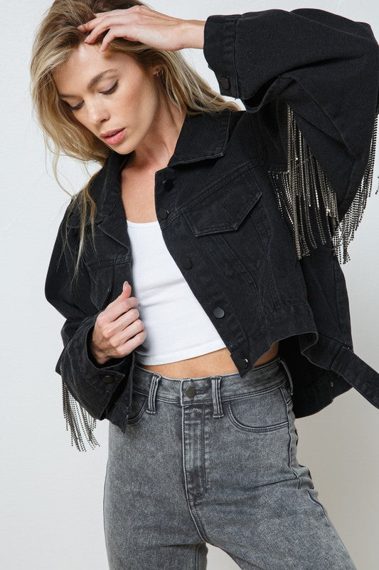 Denim Rhinestone Croped Jacket - Black