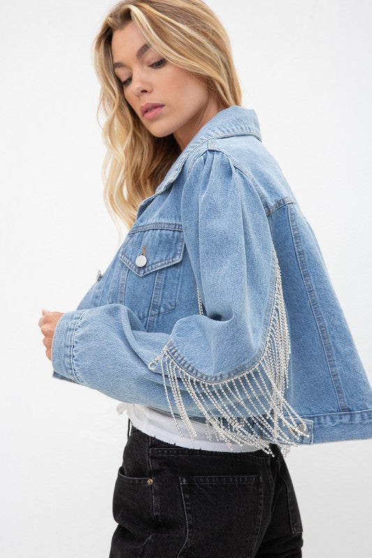 Denim Rhinestone Cropped Jacket