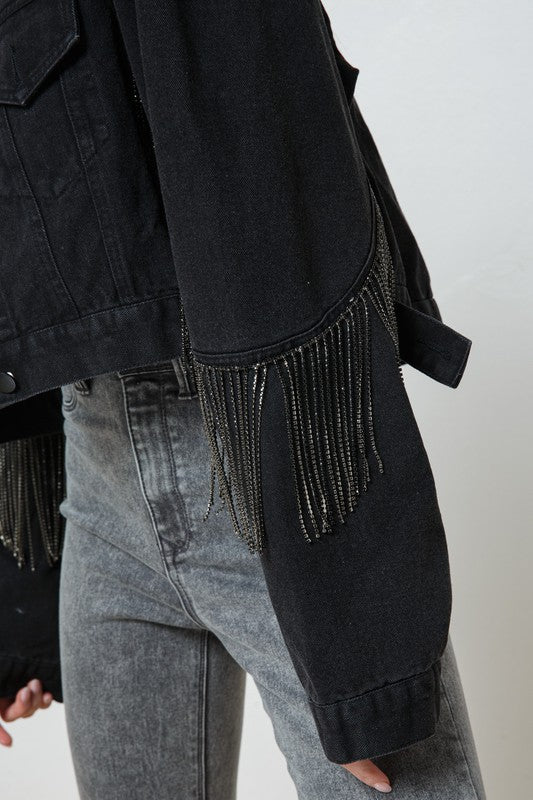 Denim Rhinestone Croped Jacket - Black