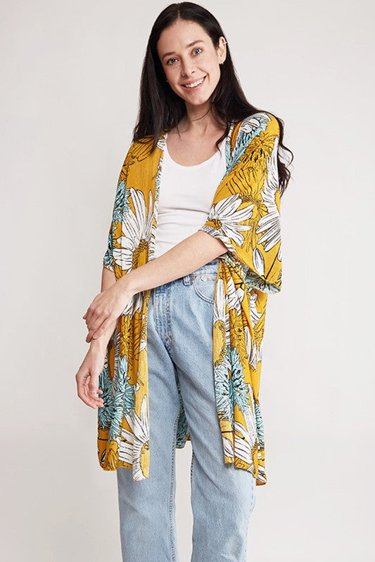 Sunflower Print Kimono - Mustard