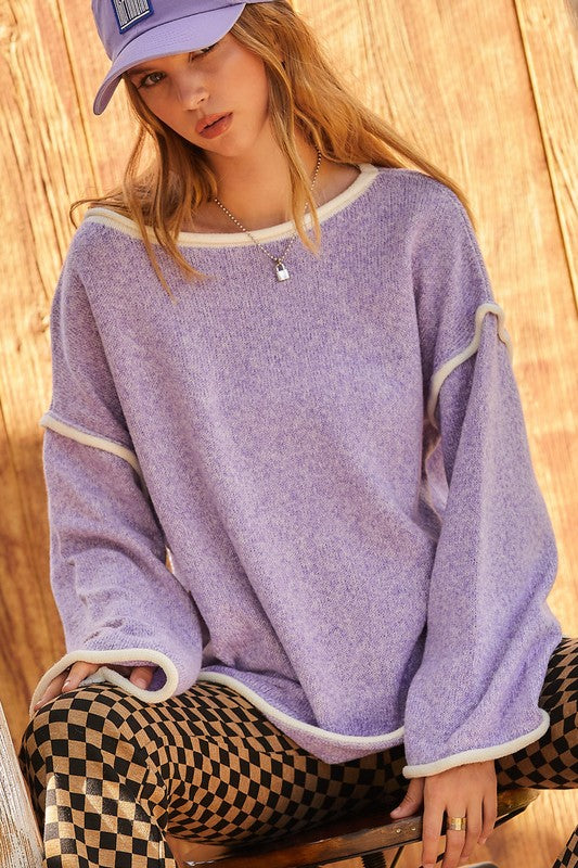 Purple Rain Oversized Sweater W/ Cream Pipping
