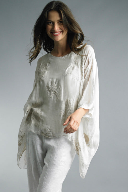 Italian Silk Floral Embroidered Top - Beige