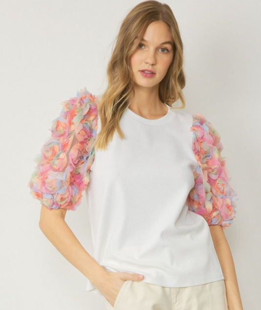 Rose Puff Sleeve White Top